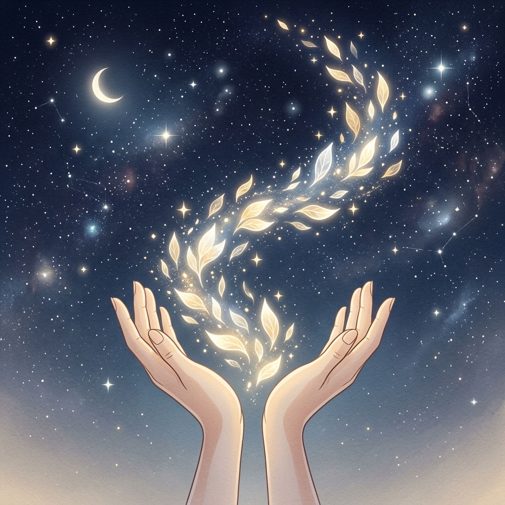A minimalist illustration of open hands releasing glowing, ethereal leaves into a starry sky.