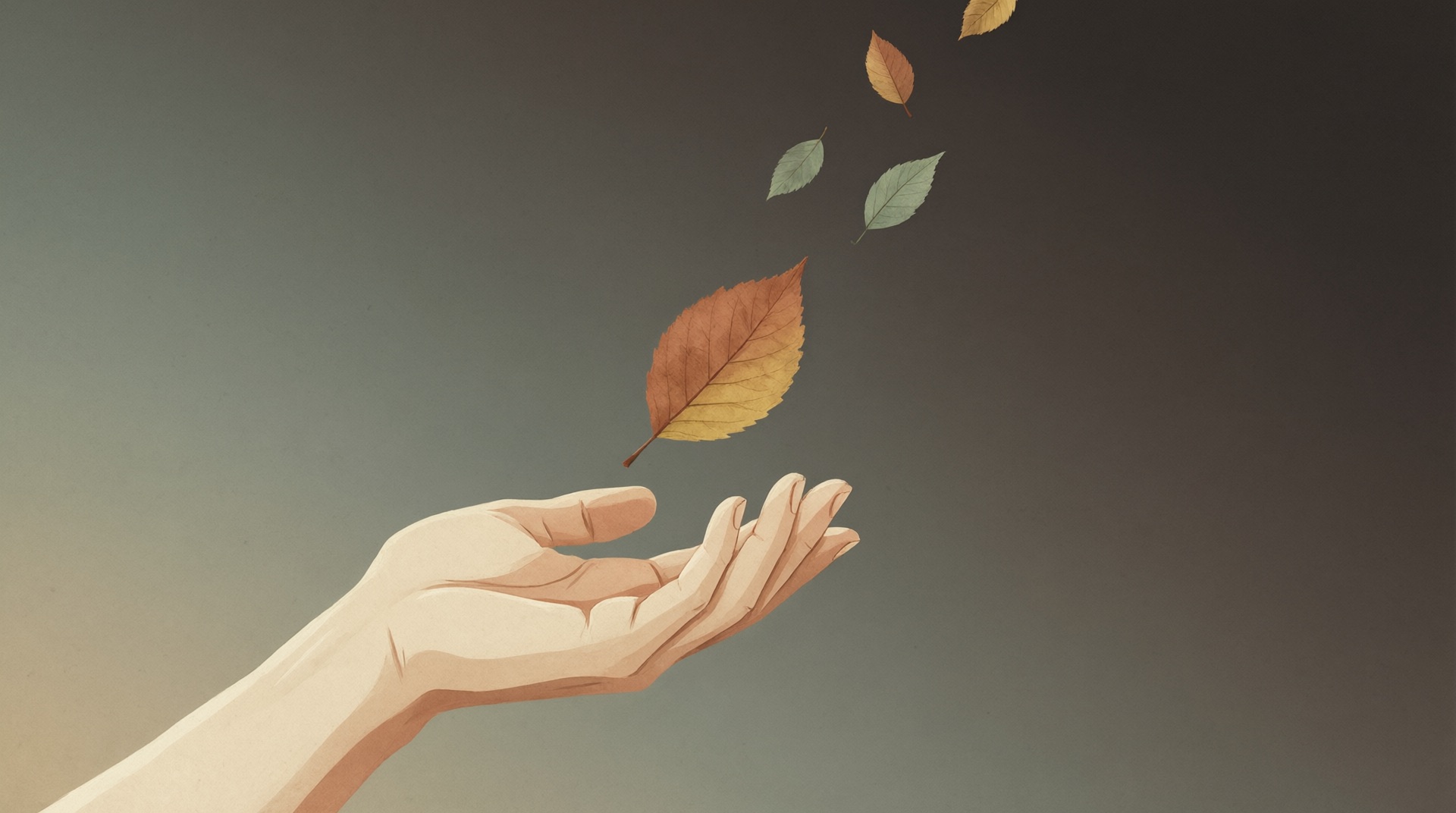 An open hand from which a single autumn leaf lifts away, with a few more leaves drifting up into a dusky sky.